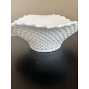 Vintage Milk Glass Hobnail Basketweave Bowl Scalloped Edge Trinket Dish